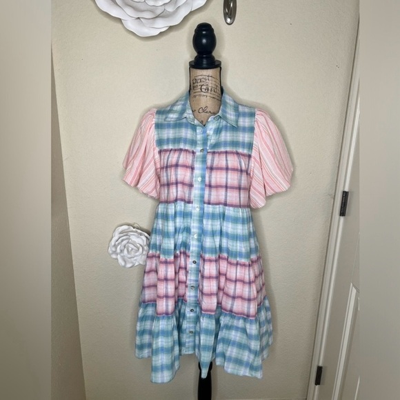 entro Dresses & Skirts - NTM: Entro Bubble Sleeve Blue, Green, Pink & White Plaid Lined Mini Dress Sz L
